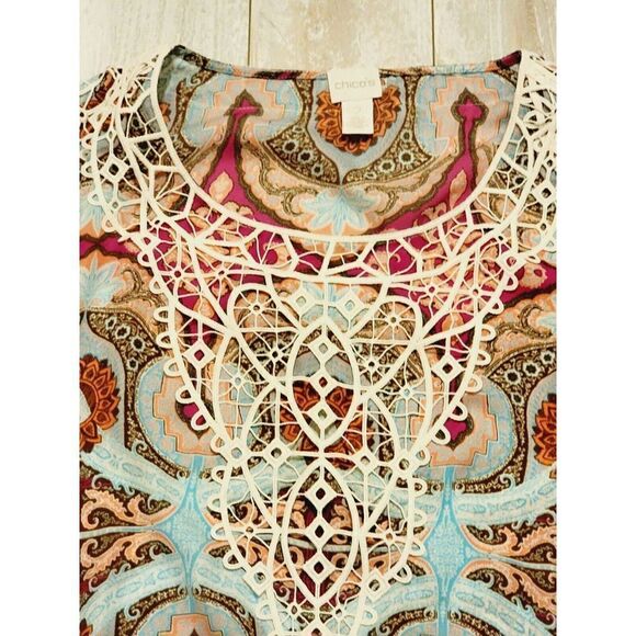 Chico's 2 Blouse Multicolor W/ Lace Accent Sleeves And‎ Neckline 3/4 Sleeve - Picture 3 of 7